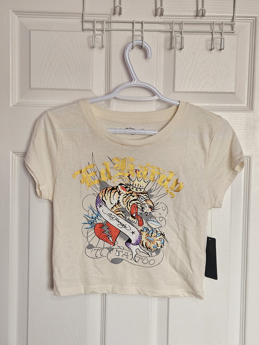 Ed Hardy Cream Short Sleeve Tee with Multicolor Tiger Graphic